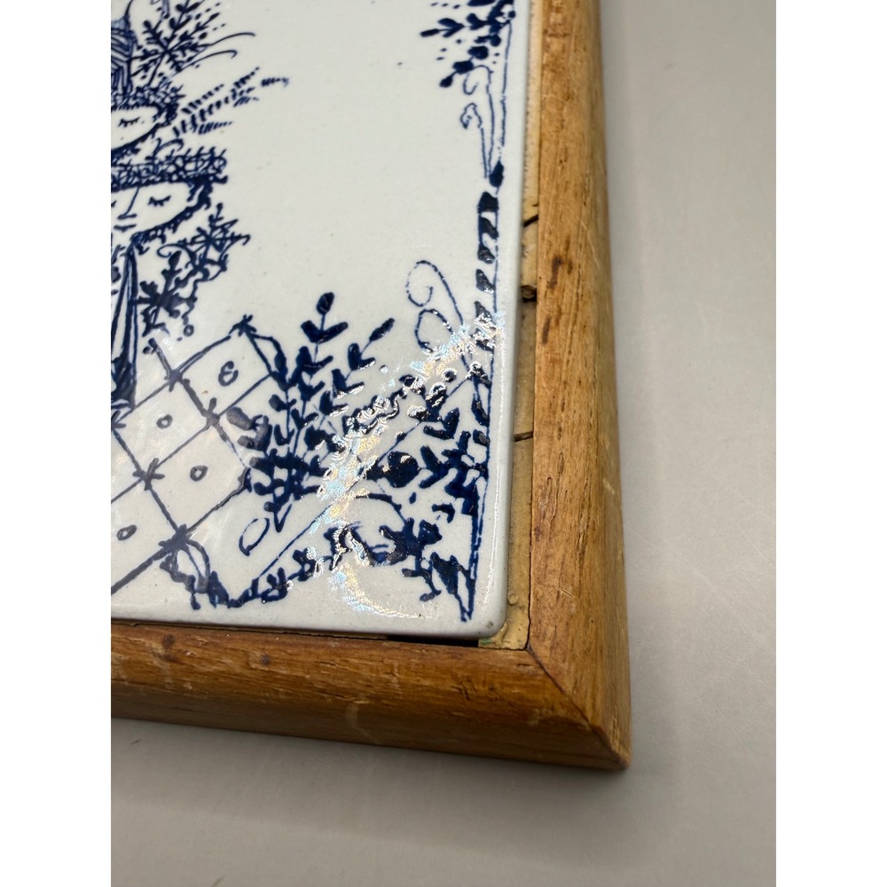 Vintage Bjorn Wiinblad Ceramic Trivet Blue White Danish Modern Wood Frame 6x6 - Picture 6 of 16